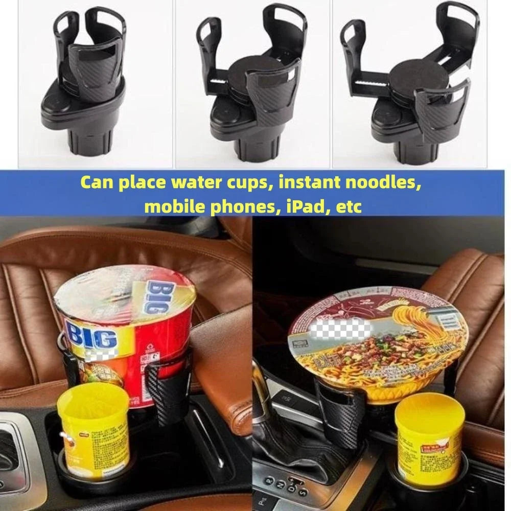 Black 2-in-1 adjustable car cup holder organizer with multiple slots for various items