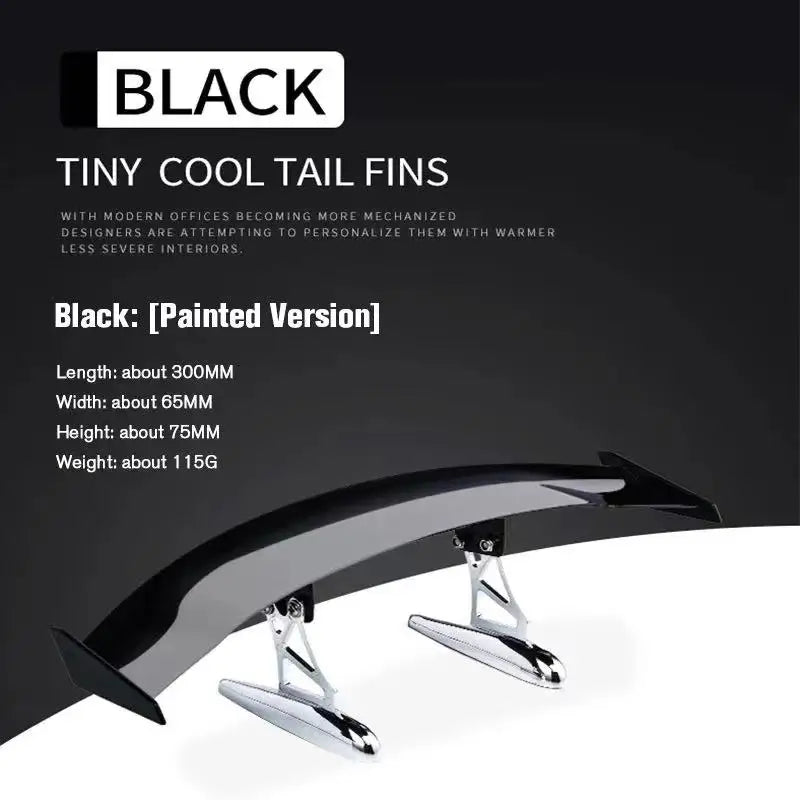 A black tinted car spoiler wing is shown in a profile view.