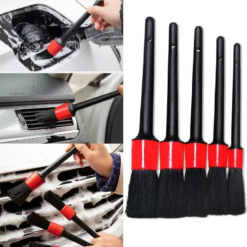 A set of professional car detailing brushes and tools for cleaning vehicle surfaces.