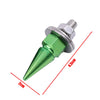 A close-up view of a green hexagonal license plate screw with a threaded metal head and a pointed tip.
