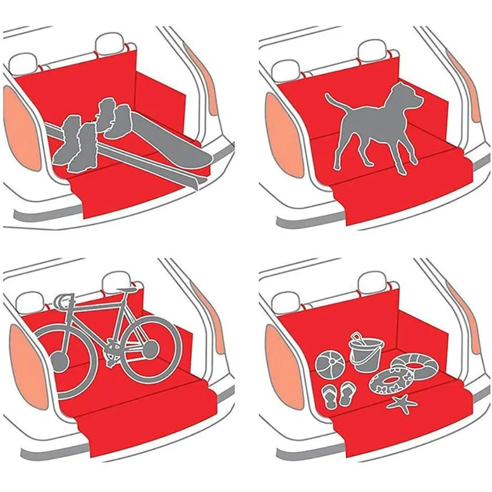 Red waterproof pet trunk liner installed in the rear cargo area of a car.