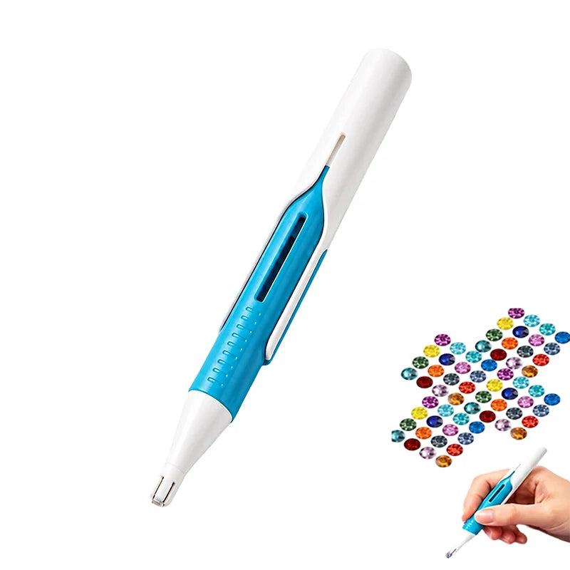 A white and blue precision diamond painting bead dispenser pen with a diamond pattern on the tip.