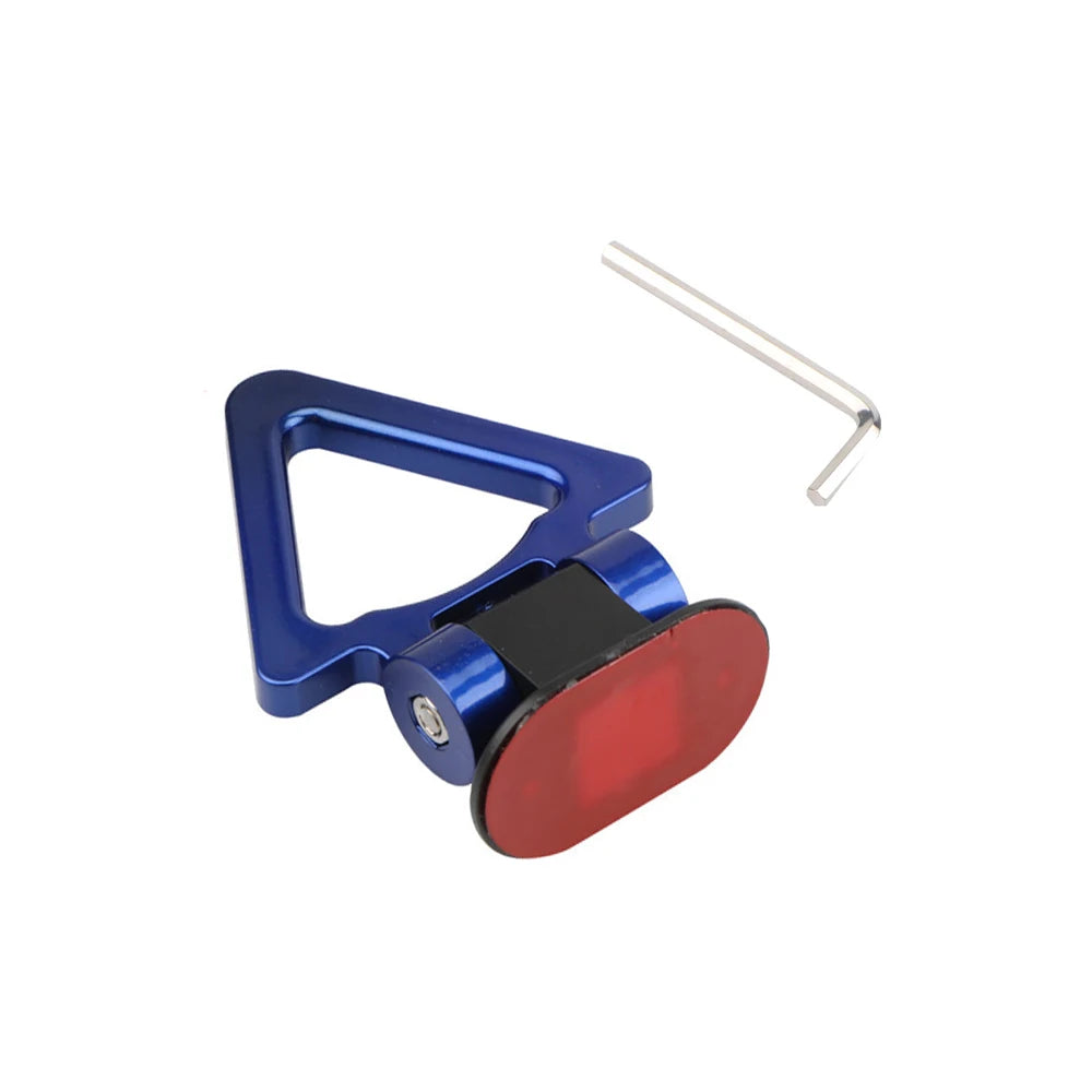 A blue and black racing style car tow hook with a metal wire.