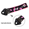 Black and pink patterned tow strap with metal hardware for vehicle and motorcycle use