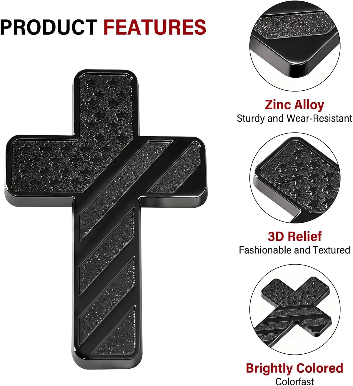 Schwarze Zinklegierung 3D-Relief amerikanisches Kreuzaufkleber für Fahrzeuge mit leuchtender Farbe