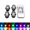 A set of wireless RGB car LED lights with remote controls showing various color options.