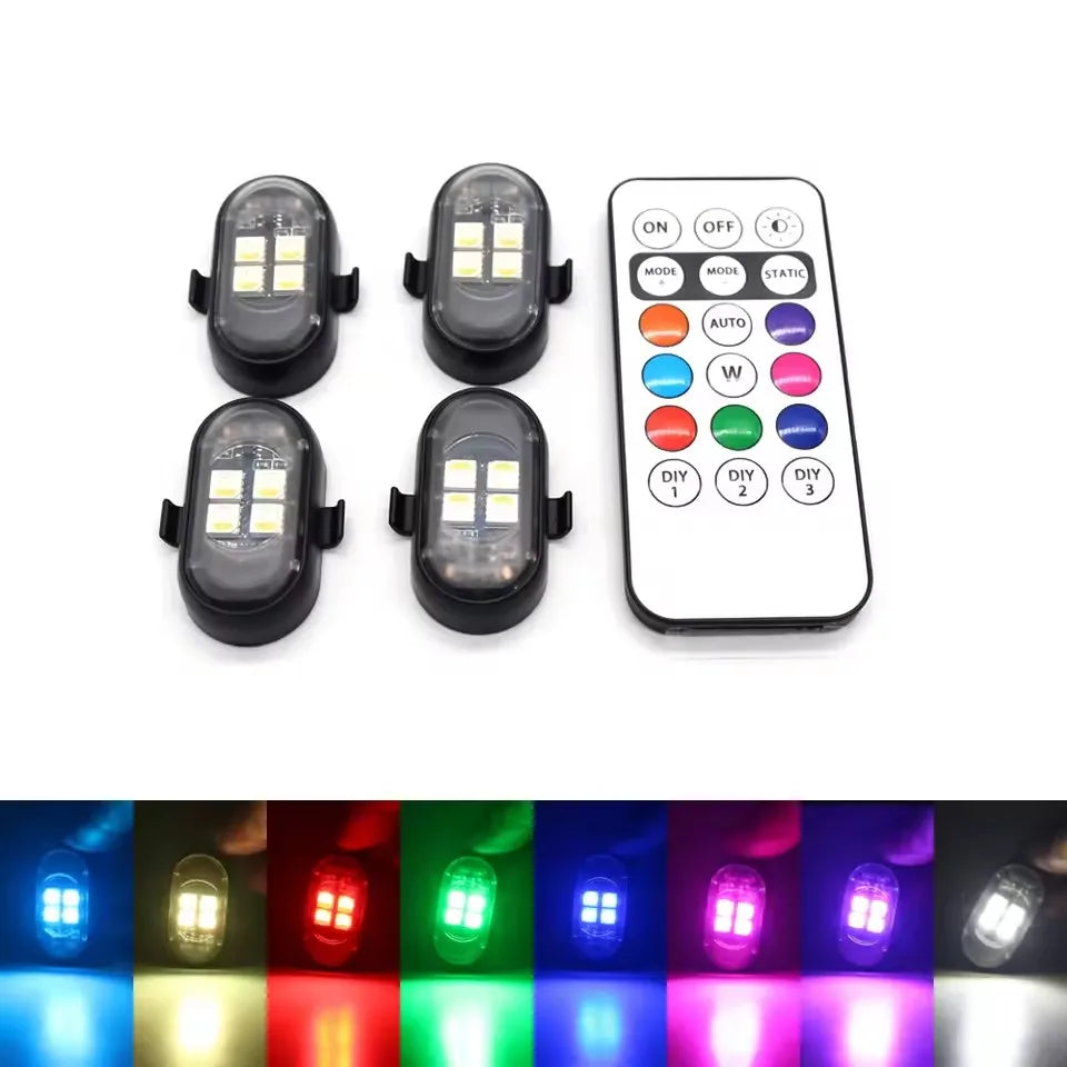 A set of wireless RGB car LED lights with remote controls showing various color options.