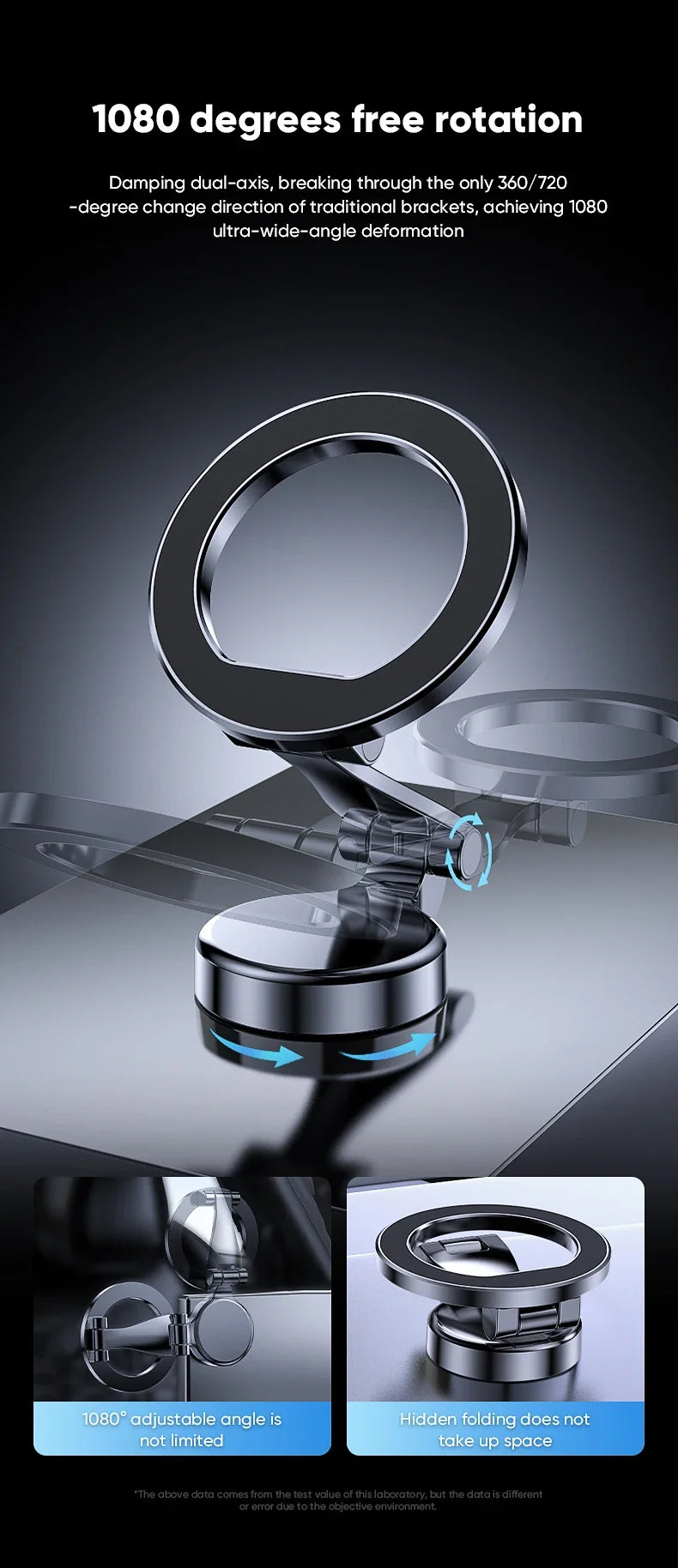 A close-up view of a foldable magnetic car mount demonstrating 1080 degrees free rotation.