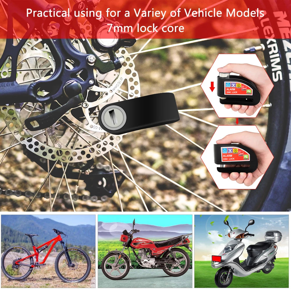 A 7mm lock core is shown being used to secure various vehicle models including a bicycle and motorcycles.