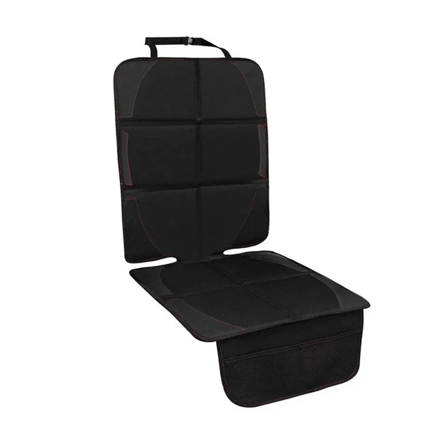 Black car seat protector pad with a handle, shown from above.