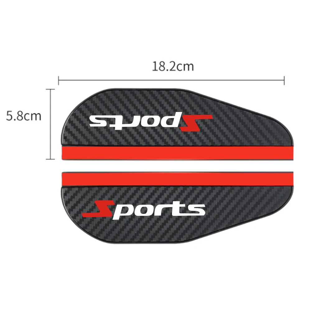 Black sports car rearview mirror rain protection accessory with red trim