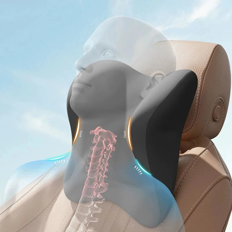 A translucent silicone ergonomic lumbar support pillow is shown against a light blue sky, highlighting the spine area.