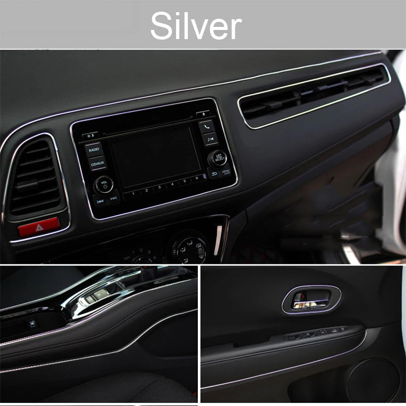 Silver universal car moulding trim strips installed on a vehicle interior panel.