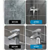 Before and after comparison showing the cleaning of a glass shower head and a faucet with a reusable glass cleaning cloth set