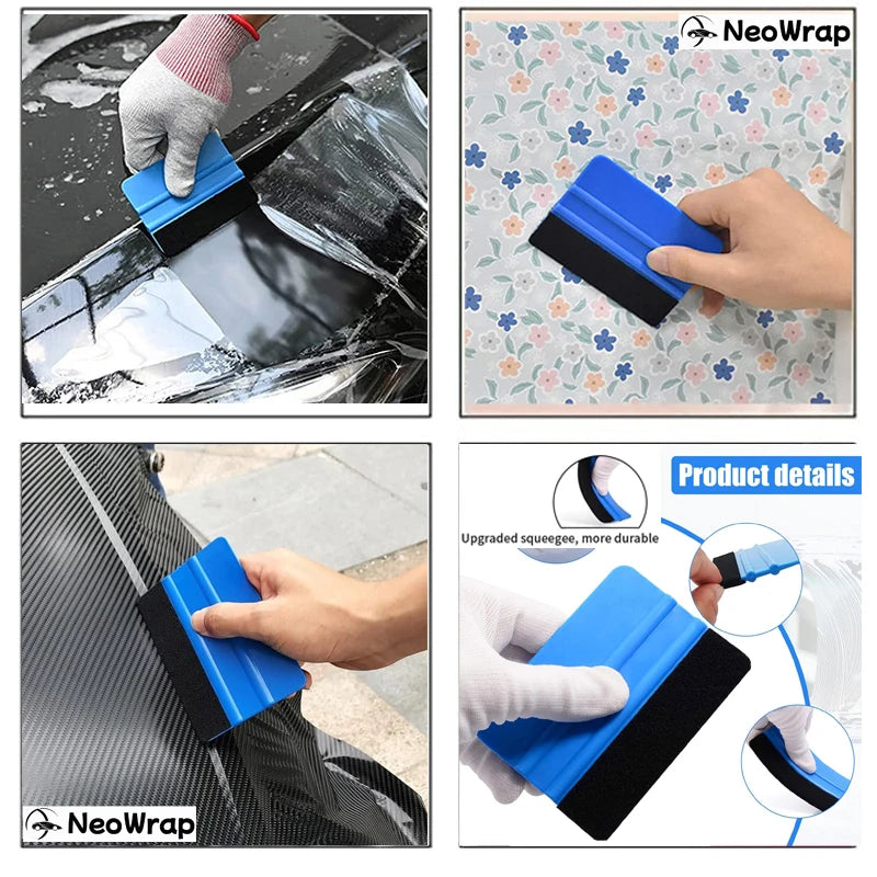 A hand is using a blue and black NeoWrap tool to apply vinyl wrap to a car surface.