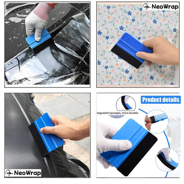 A hand is using a blue and black NeoWrap tool to apply vinyl wrap to a car surface.