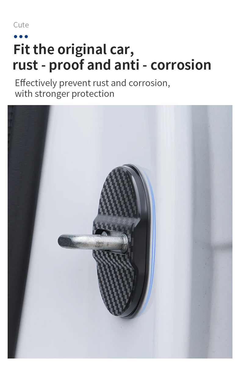 A close-up of a black carbon fiber door lock protector installed on a white car door.