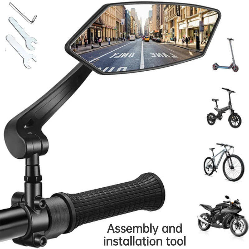 A black 360° adjustable motorcycle rearview mirror with an assembly and installation tool.