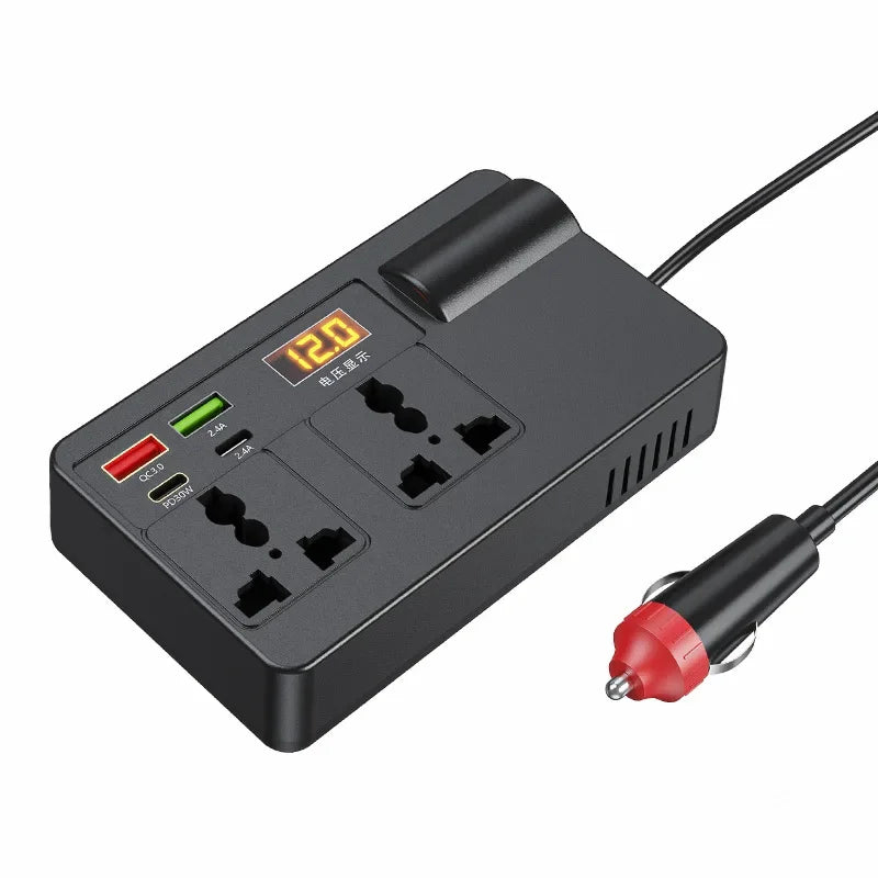 A black high-power DC to AC power converter inverter with a digital display showing 12.0 and an output plug.