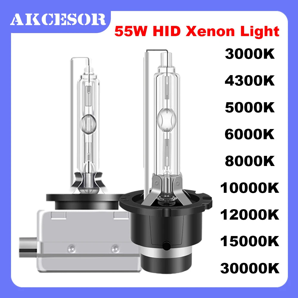 A set of 55W HID Xenon light bulbs and a mounting base for automotive headlights.