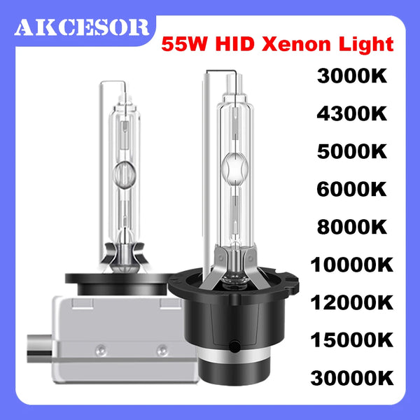 A set of 55W HID Xenon light bulbs and a mounting base for automotive headlights.