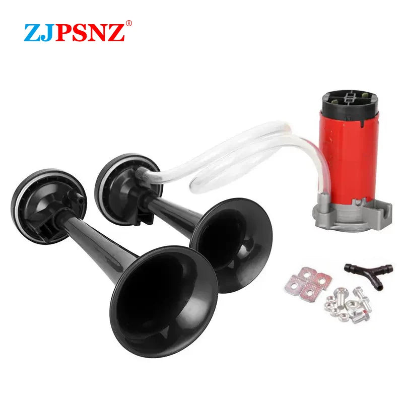 Air horn kit with compressor and dual tone horn components for vehicles