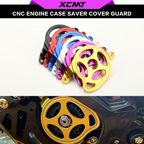 A set of colorful aluminum engine case saver covers and a gold engine guard for an off-road motorcycle.