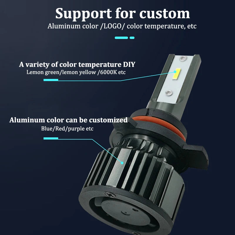 Close-up view of an aluminum car headlight bulb with customizable color temperature options.