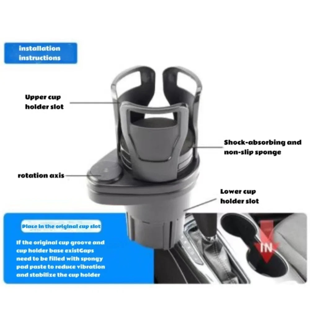 Installation instructions for a 2-in-1 adjustable car cup holder organizer showing the upper and lower cup holder slots