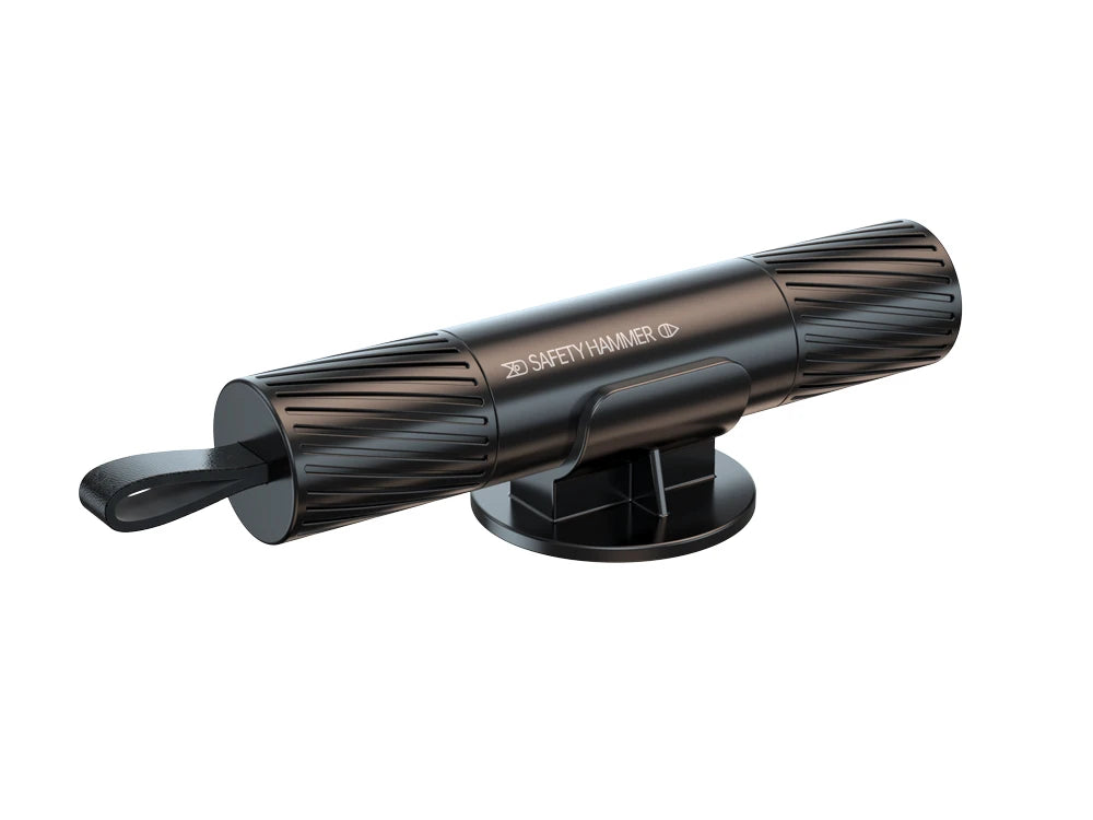 A black safety hammer tool with a striking head and handle is shown against a white background.