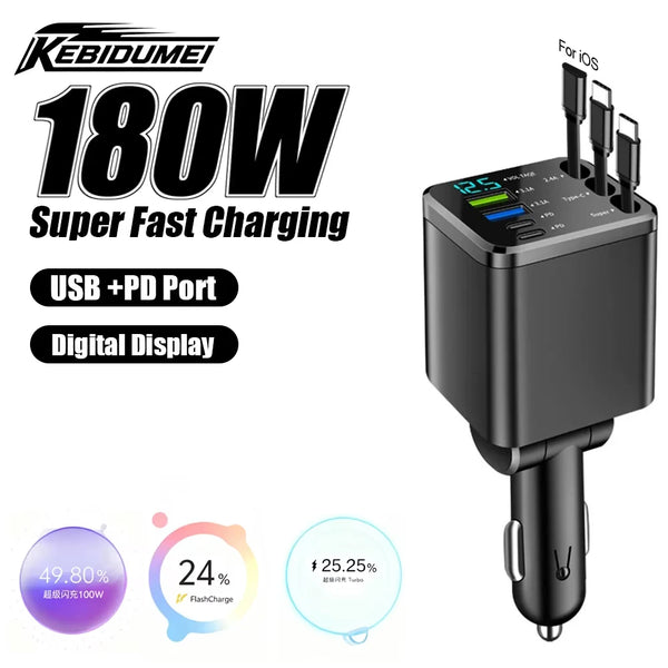 Black 180W Super Fast Charging power adapter with USB+PD port and digital display