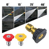 A set of multi-angle high-pressure water nozzles demonstrating 0, 15, 25, and 40 degree spray angles.