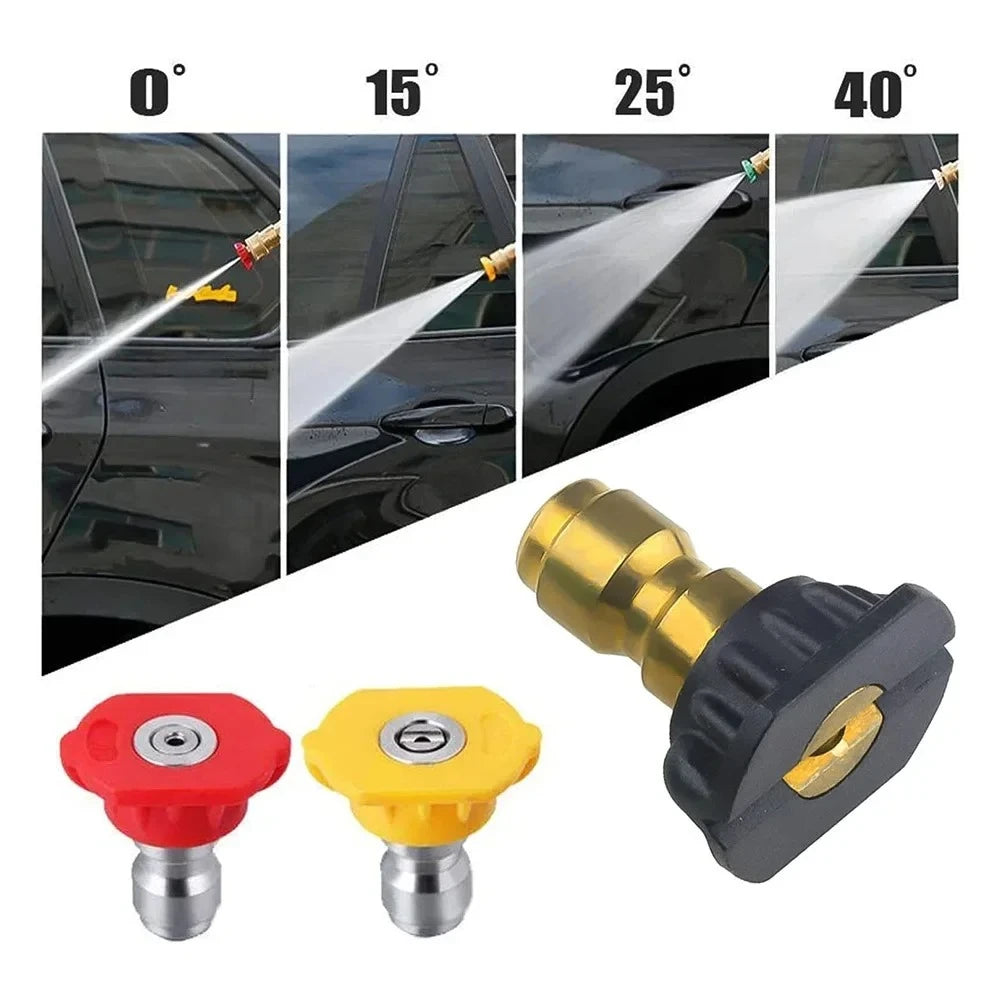 A set of multi-angle high-pressure water nozzles demonstrating 0, 15, 25, and 40 degree spray angles.