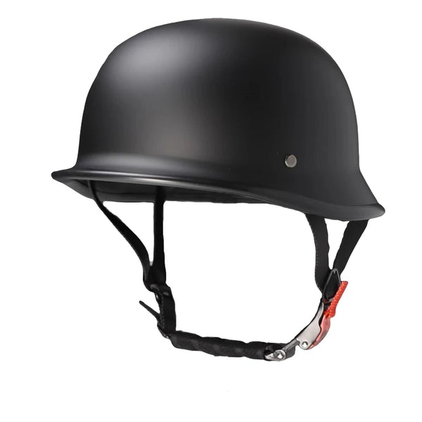 A black retro vintage motorcycle helmet shown from the side.