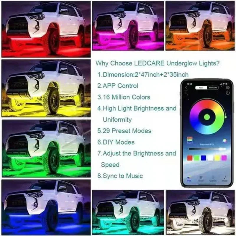 A white SUV is shown with dynamic RGB underglow LED strip lights illuminating the vehicle.