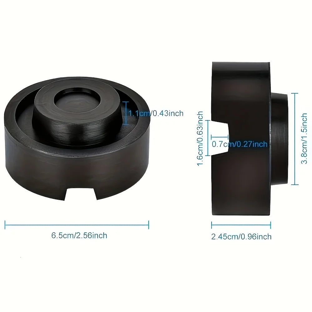 A black rubber jack pad designed for frame rail protection, shown with dimensions.