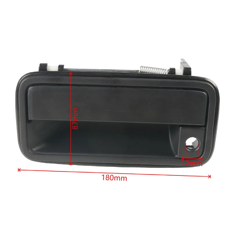 Black replacement exterior door handles for Chevy and GMC trucks with measurements shown.