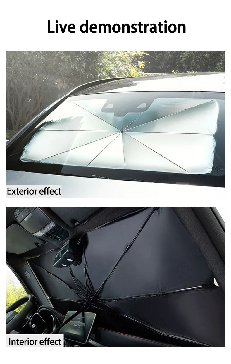 Demonstration eines tragbaren Auto-Windschutzscheiben-Sonnenschirms und UV-Schutz, der die Außen- und Innenwirkungen zeigt.