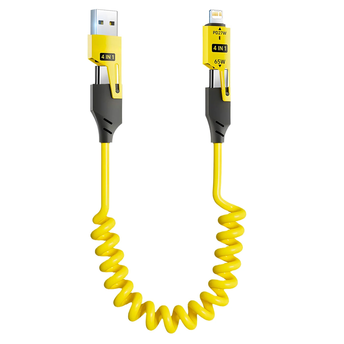 A yellow spring telescopic charging cable with a 4-in-1 connector for 65W power.