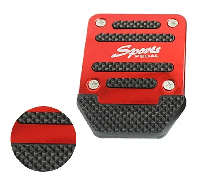 A set of red and black aluminum car pedal covers, including a rectangular pedal cover and a circular pedal cover.