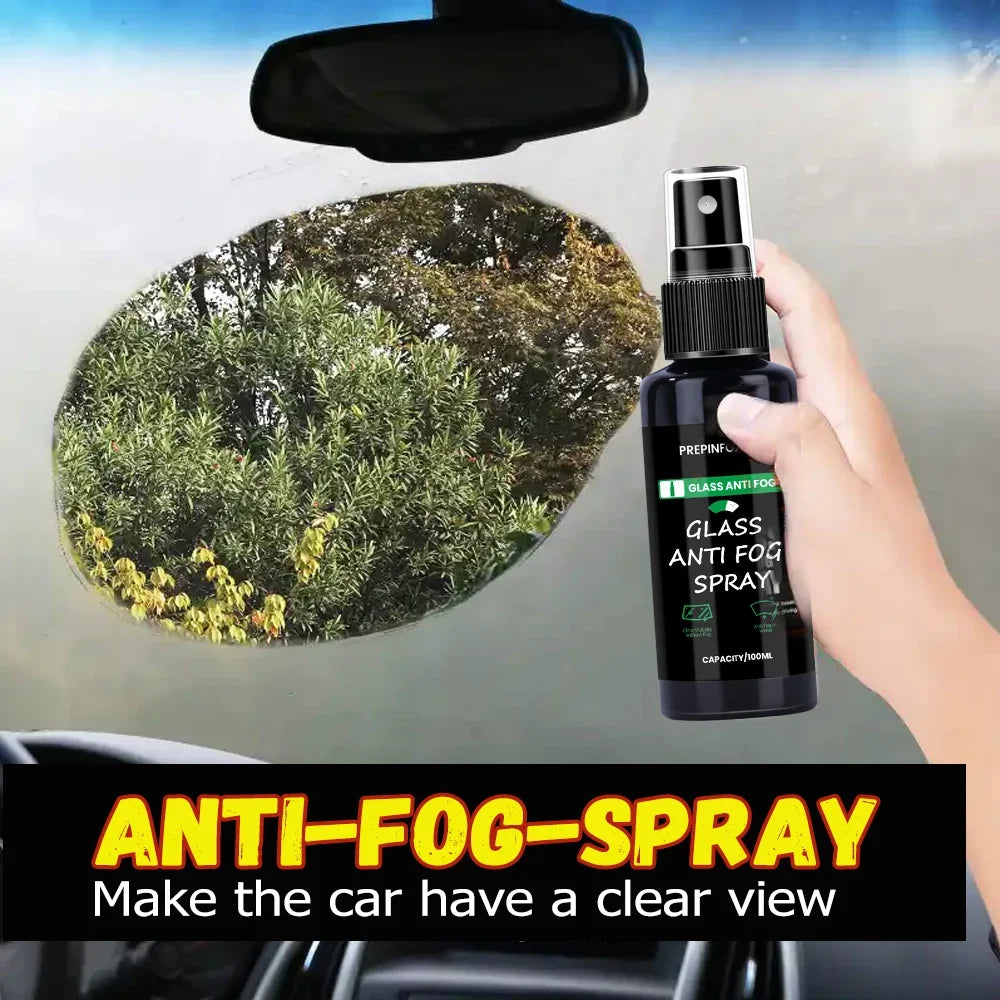 A hand sprays a glass anti-fog spray onto a car windshield to make it clear.
