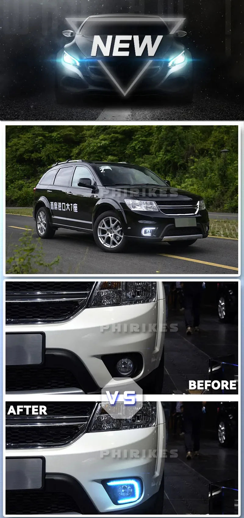 Vorher-Nachher-Vergleich von doppelten LED-Tagfahrlicht-Nebelscheinwerfern an einem weißen Dodge Journey oder Fiat Freemont.
