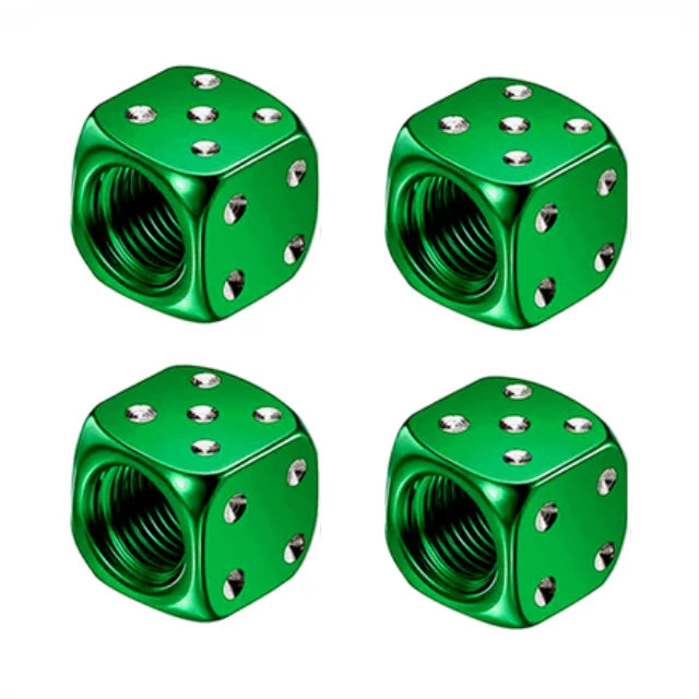 A set of four green hex aluminum alloy tire valve caps, showing the side view of the metal caps.