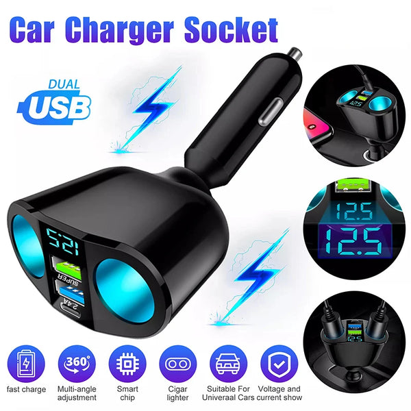 A black dual USB car charger socket with a digital display and lightning bolt graphic.