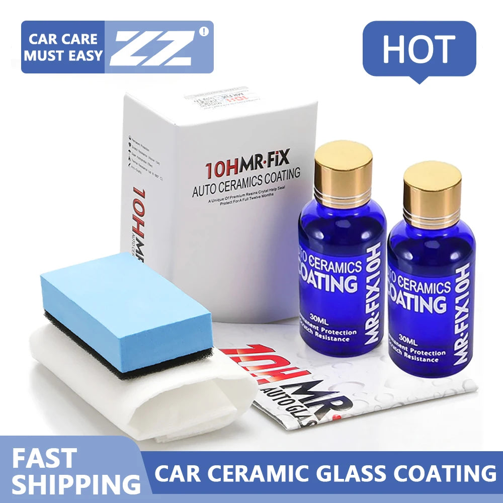 Bottle of MRFIX10HMR ceramic coating liquid next to a box and a microfiber cloth for car paint protection