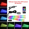 A set of RGB LED strips used for car ambient lighting, showing various colors and light patterns.