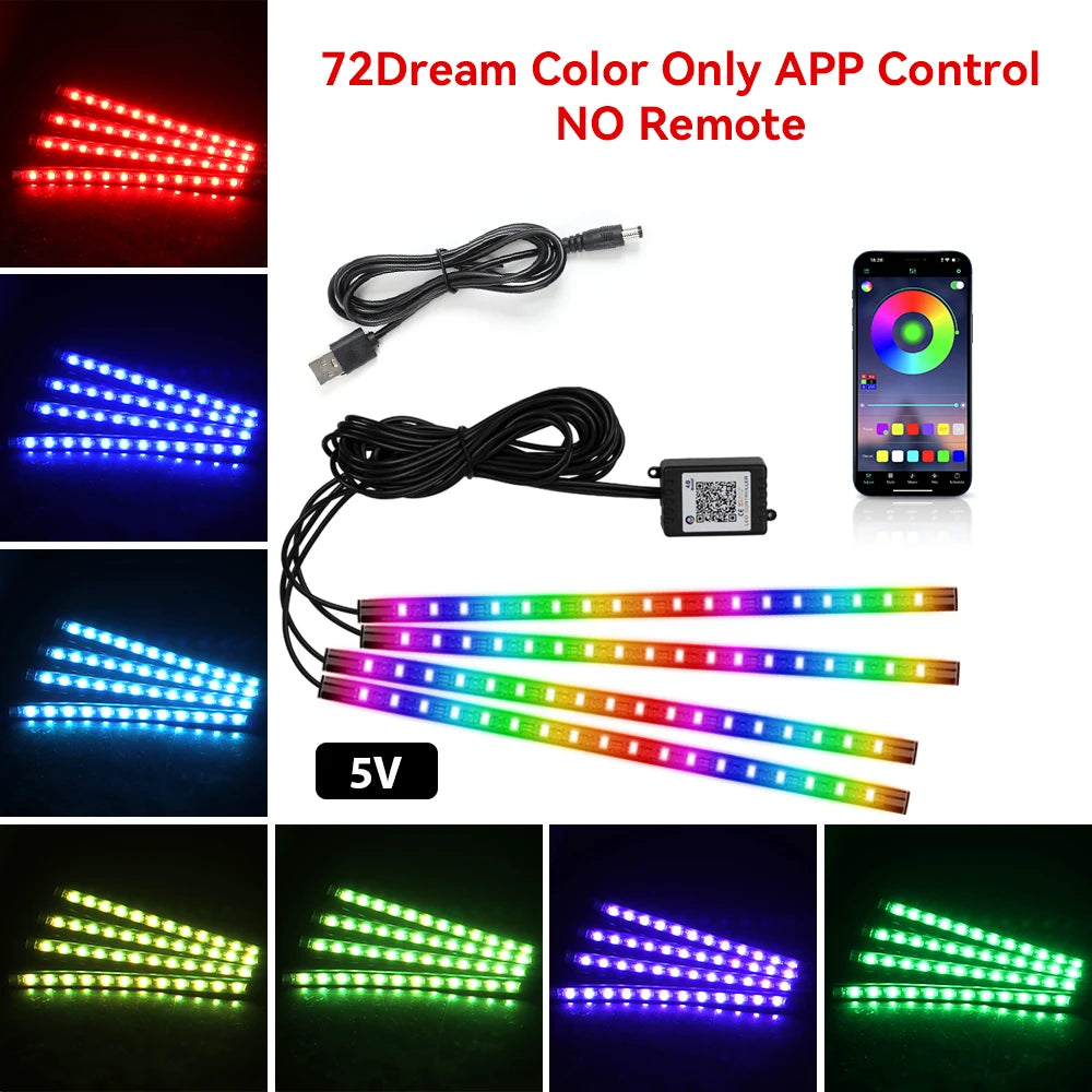 A set of RGB LED strips used for car ambient lighting, showing various colors and light patterns.