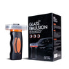 A black bottle of Glass Emulsion oil film purification for glass surfaces with a clear applicator cap.