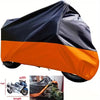 A black and orange universal motorcycle protective cover shown folded, with examples of its fit on a motorcycle.