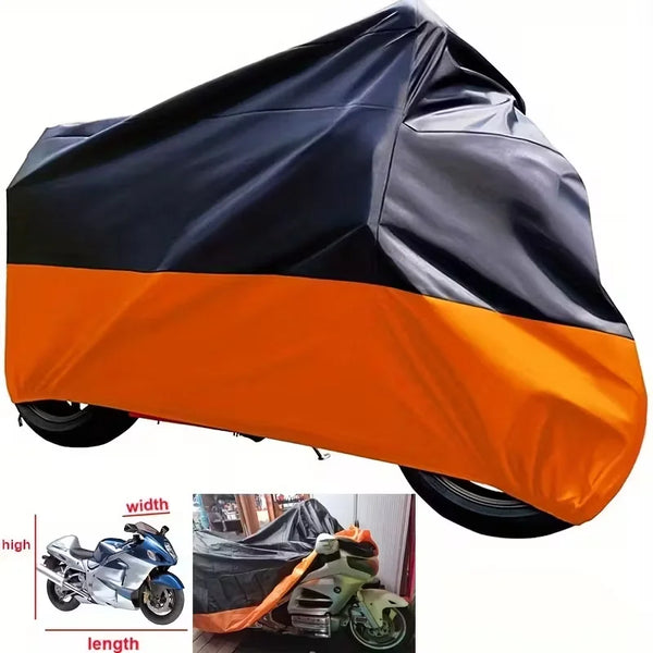 A black and orange universal motorcycle protective cover shown folded, with examples of its fit on a motorcycle.